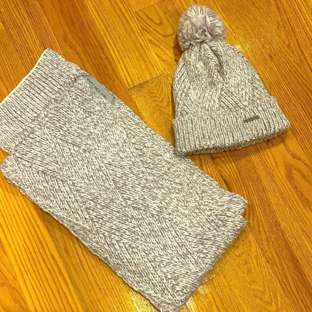 Marc New York Lilac Winter Pom Pom knitted hat scarf set